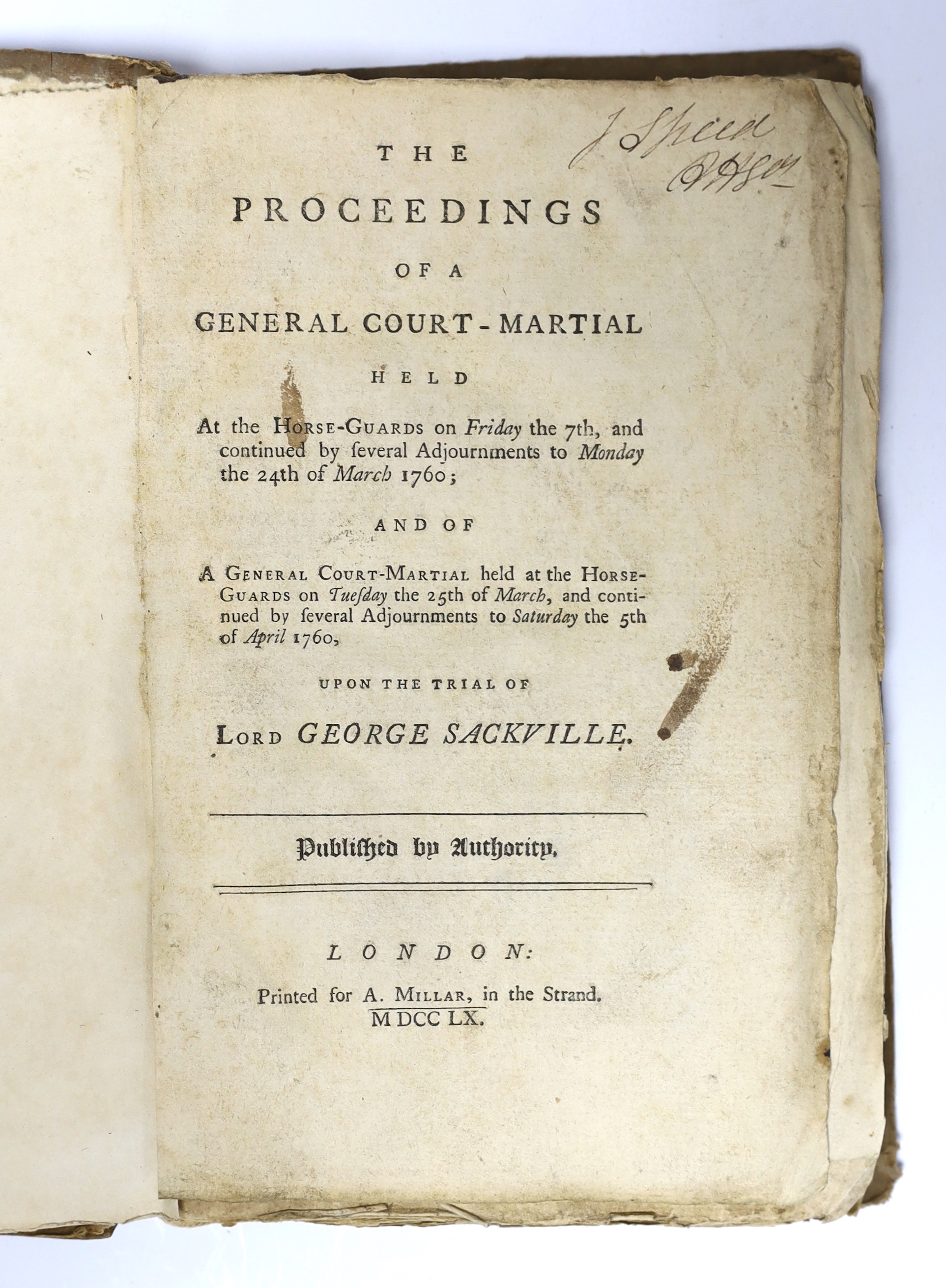 (Sackville, Lord George) The Proceedings of a General Court Martial held at the Horse Guards on Friday the 7th and continued ....to Monday the 24th of March 1760....upon the Trial of Lord George Sackville....contemp. gre